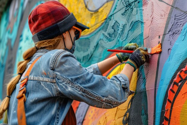 Foto artista de rua pintando um mural com traços dinâmicos