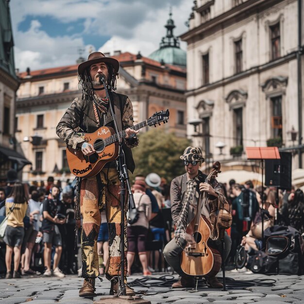 Artista de rua tocando guitarra na frente da multidão