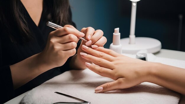 Foto artista de unhas encurtando unhas fazendo manicure no conjunto de manicure do salão