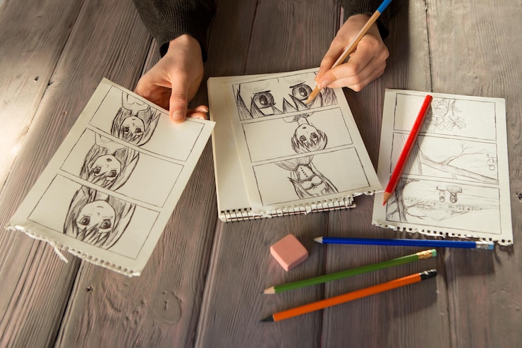Foto artista dibujando un cómic de anime en un estudio escritorio de madera luz natural concepto de creatividad e inspiración