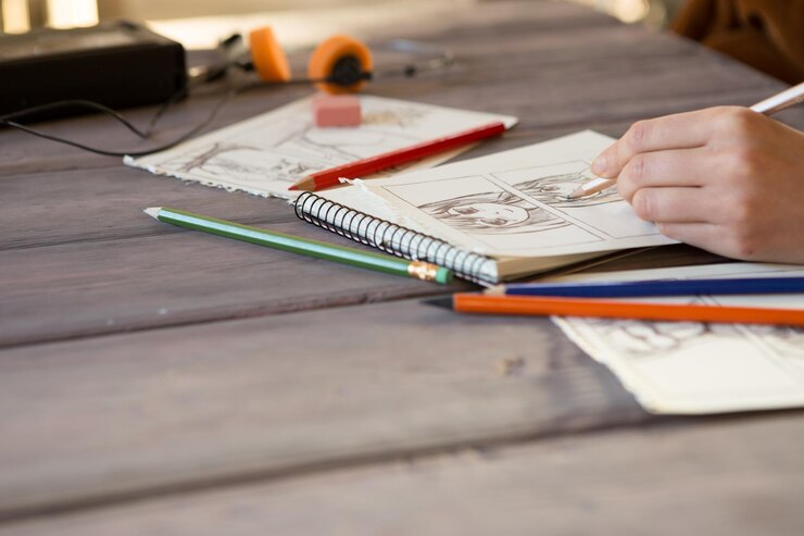 Foto artista dibujando un cómic de anime en un estudio escritorio de madera con luz natural