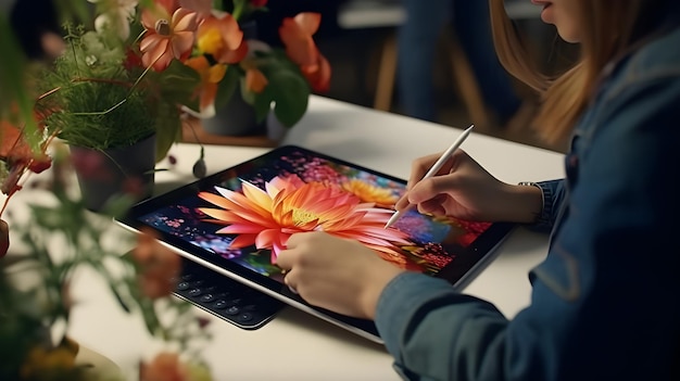 Foto un artista digital creando diseño en la tableta gráfica generada por ai