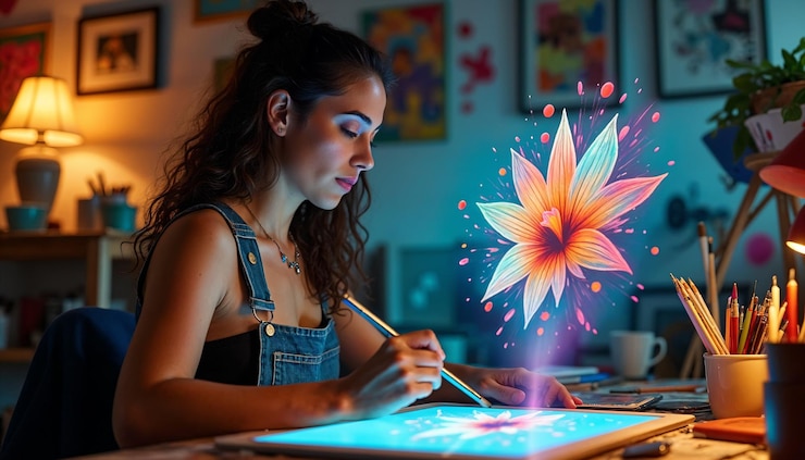 Foto artista digital criando uma flor brilhante em tablet