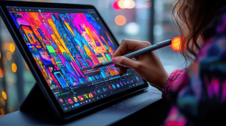 Foto artista digital que crea obras de arte vibrantes del paisaje urbano en una tableta en un entorno urbano