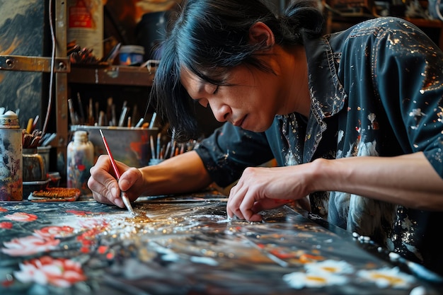 Artista enfocado pintando detalles intrincados en tela rodeado de pinceles y suministros de arte