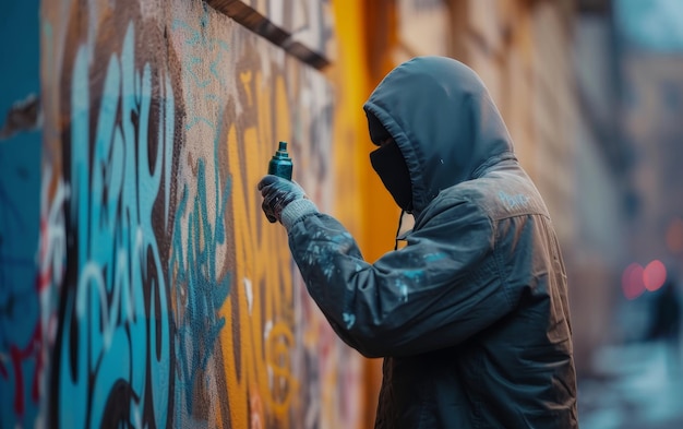Artista enmascarado en el proceso de crear graffiti vibrante en una pared urbana