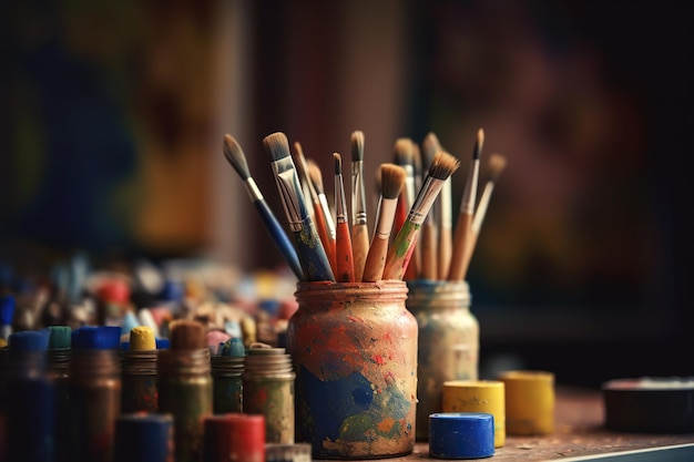 Un artista de la escuela de arte está seleccionando varios suministros para manualidades, incluidos pinceles de acuarela, para crear su trabajo IA generativa