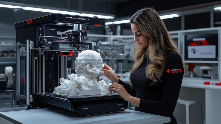 Foto artista esculpindo modelo 3d em laboratório