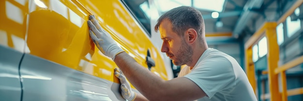 un artista está pintando un vehículo amarillo en una fábrica