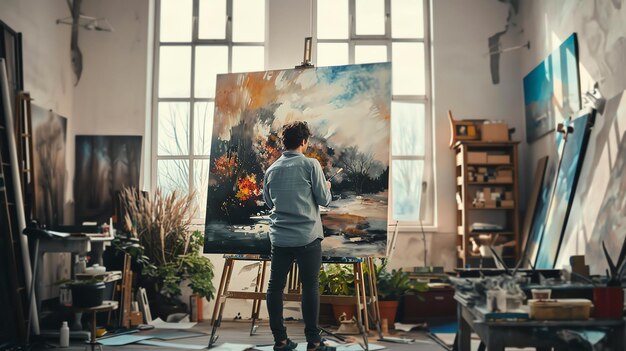 Un artista está trabajando duro en su estudio poniendo los toques finales en una gran pintura