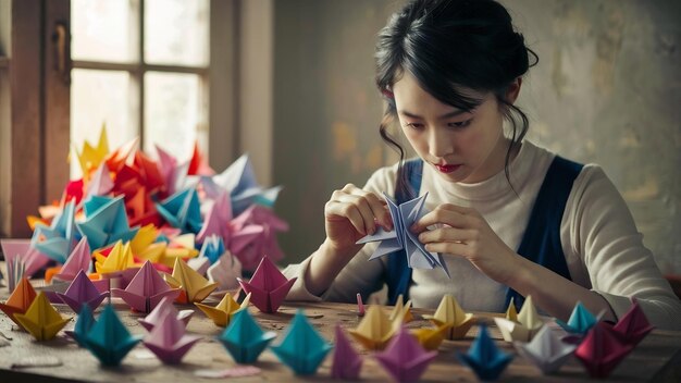 Artista femenina doblando papel origami para hacer hermosas artesanías