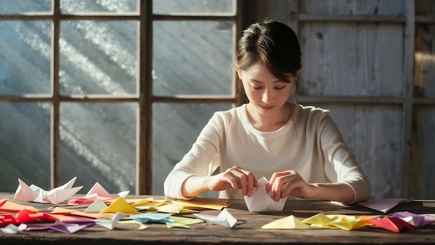 Artista femenina doblando papel origami para hacer hermosas artesanías
