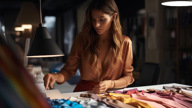 Artista femenina con paletas de colores de pintura en el taller IA generativa