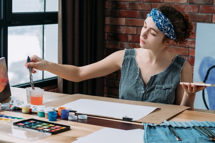Foto artista femenina pintando en el espacio de trabajo creativo
