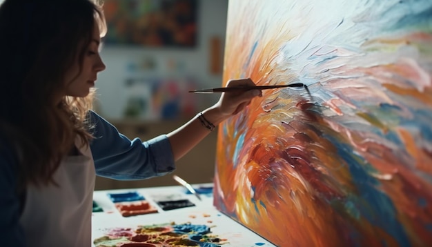 Artista femenina trabaja en pintura al óleo abstracta en movimiento