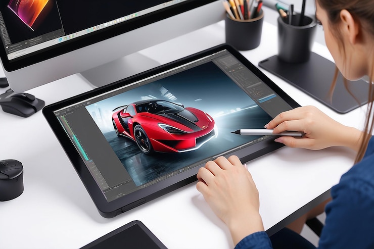 Foto artista de fotos haciendo trabajo de touchpad en el retoque de la imagen usando el lápiz y la pantalla del monitor
