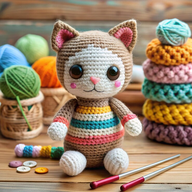 Artista de ganchillo creando un adorable juguete de gato Amigurumi