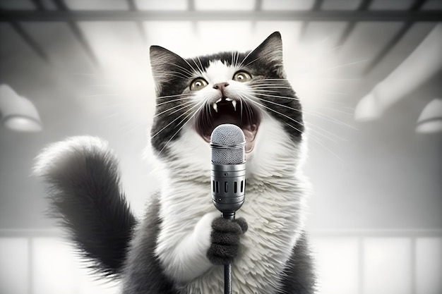 Artista gato canta em um microfone rede neural ai gerado