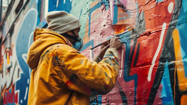 Foto un artista de graffiti con una chaqueta amarilla y un gorro está pintando un mural en una pared el mural es colorido y abstracto