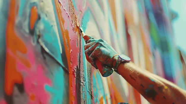 Un artista de graffiti está ocupado en el trabajo añadiendo colores vibrantes a una pared