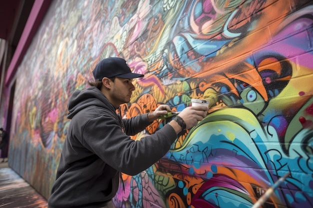 Foto artista de graffiti trabajando en un mural a gran escala en un espacio público creado con inteligencia artificial generativa