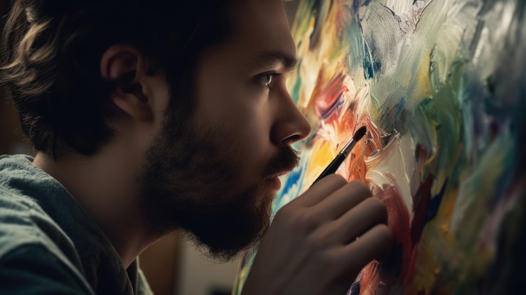 Foto artista hombre caucásico joven pintando el lienzo ai generativa aig22