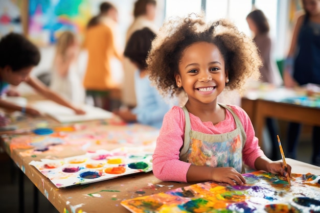 Artista infantil exibindo sua obra-prima para a câmera