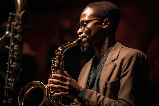 Un artista de jazz negro tocando el saxofón en el escenario.