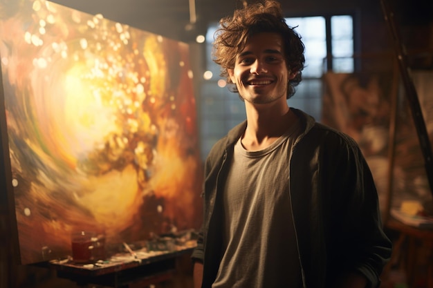 Artista joven feliz en el estudio por la noche con IA generativa