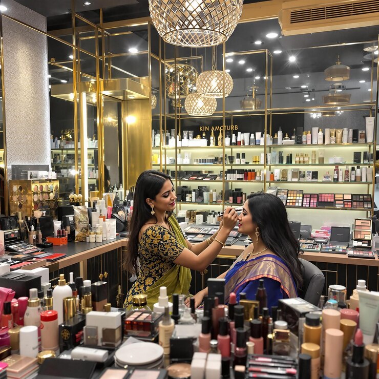 Artista de maquillaje aplicando maquillaje al cliente