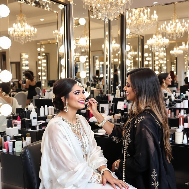 Artista de maquillaje aplicando maquillaje al cliente