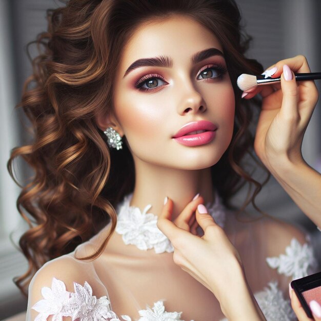 Artista de maquillaje aplicando maquillaje a una mujer modelo