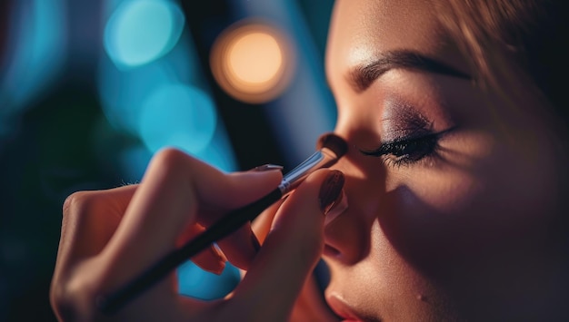 Artista de maquillaje aplicando sombra de ojos en la cara de la modelo en el salón de belleza