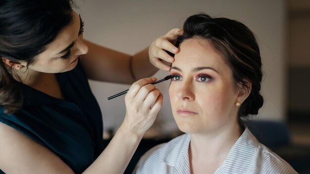 Artista de maquillaje aplicando sombra de ojos a una mujer