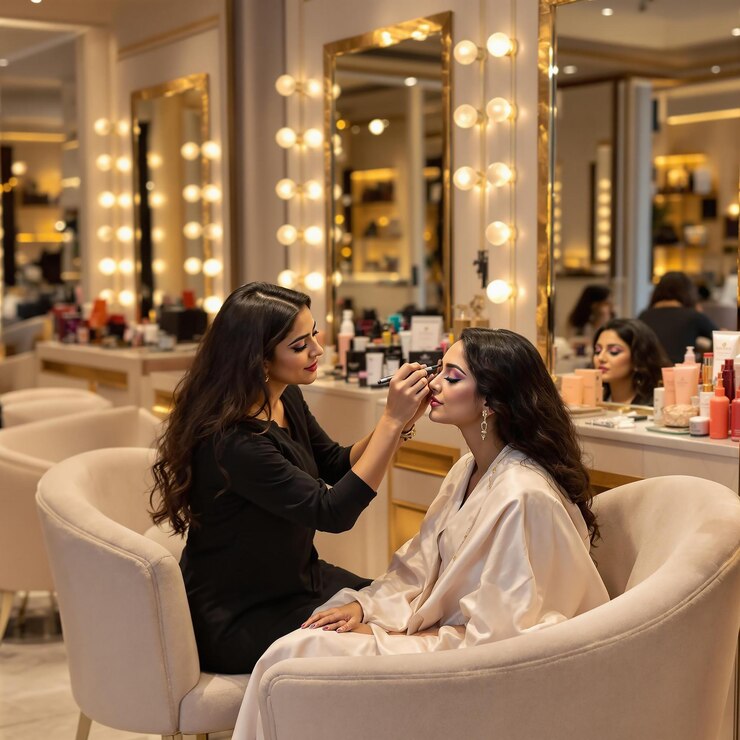 Artista de maquillaje indio trabajando en un salón de belleza de lujo