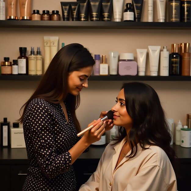 Artista de maquillaje profesional aplicando maquillaje en el cliente