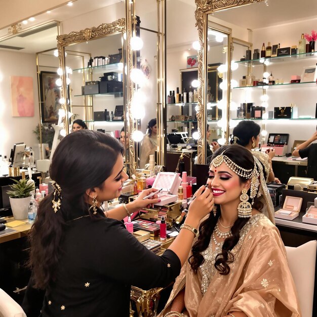 Artista de maquillaje profesional indio aplicando maquillaje al cliente