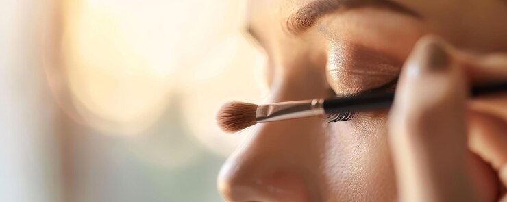 Artista de maquillaje que aplica maquillaje enfocado y profesional