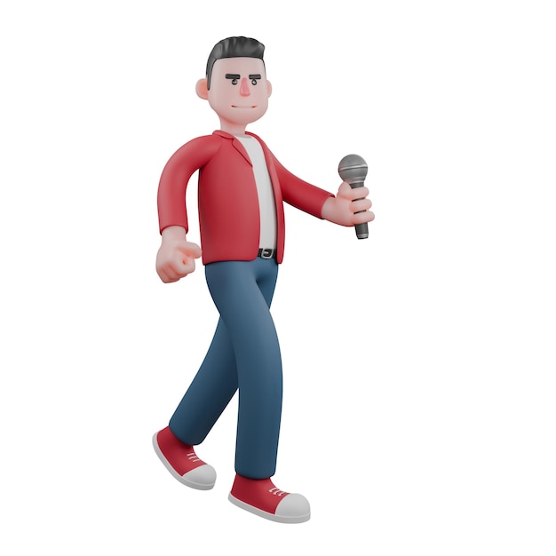 Artista masculino en 3D con micrófono Un cantante masculino está caminando mientras lleva un micrón Cantante de dibujos animados