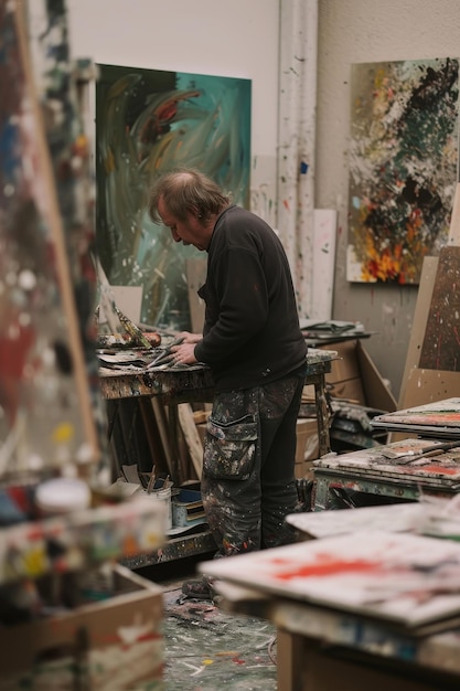 Artista masculino anciano profundamente inmerso en la creación de pinturas abstractas en su estudio