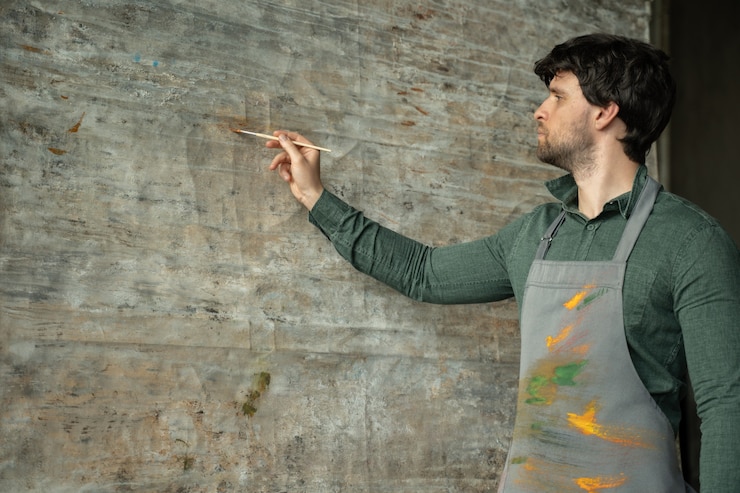 Foto artista masculino concentrado desenhando no cavalete na vista lateral de seu estúdio de arte