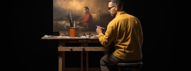 Foto artista masculino trabalhando em pintura em seu estúdio