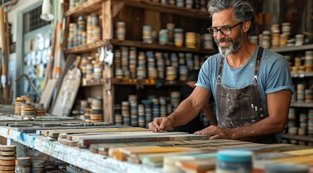 Artista masculino trabalhando em tela em seu estúdio