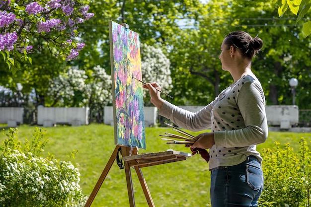 El artista pinta una pintura al óleo en la naturaleza.