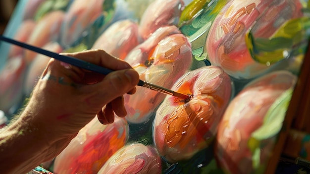 Artista pintando una naturaleza muerta con melocotones capturando la sutil textura de la pelusa del melocotón en detalle El color del pelocó
