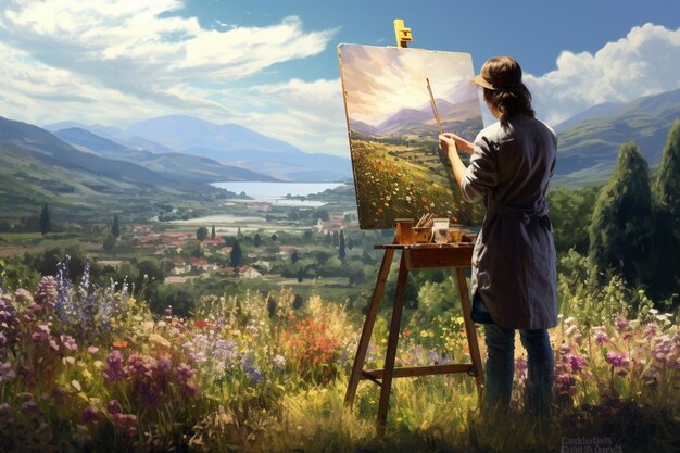 Foto un artista pintando un paisaje pintoresco en un o 00378 00