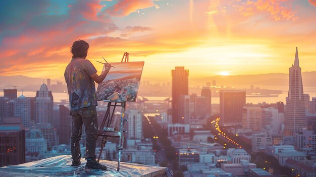 Foto un artista está pintando un paisaje urbano desde un techo al atardecer el sol se está poniendo detrás de la ciudad y el cielo es de un naranja brillante