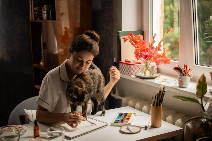 Foto artista pintora femenina haciendo una pintura de acuarela abstracta pintando con gato