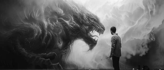 Un artista profesional pintando una criatura mítica