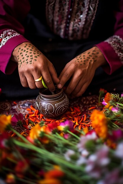 un artista que crea caligrafía o obras de arte con temas de Nowruz